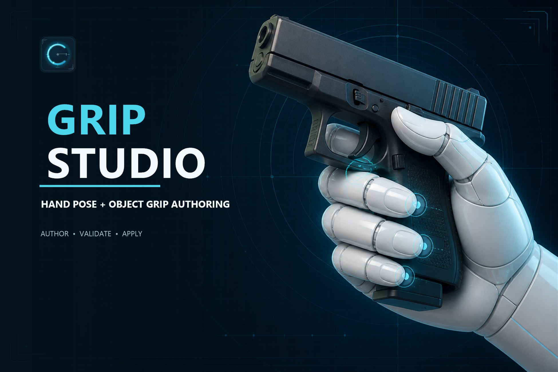 A white articulated hand gripping a pistol in Grip Studio key art